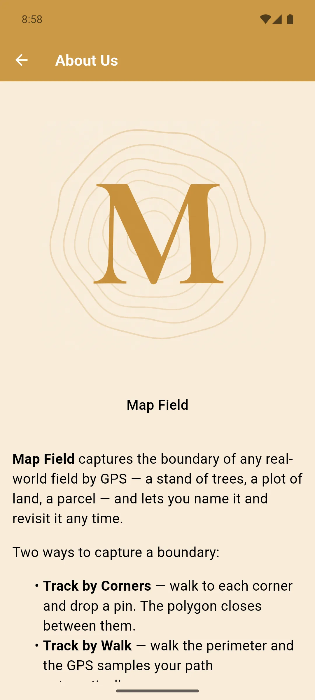 Map Field about page with the bronze M brand mark and a value-prop description of the capture modes