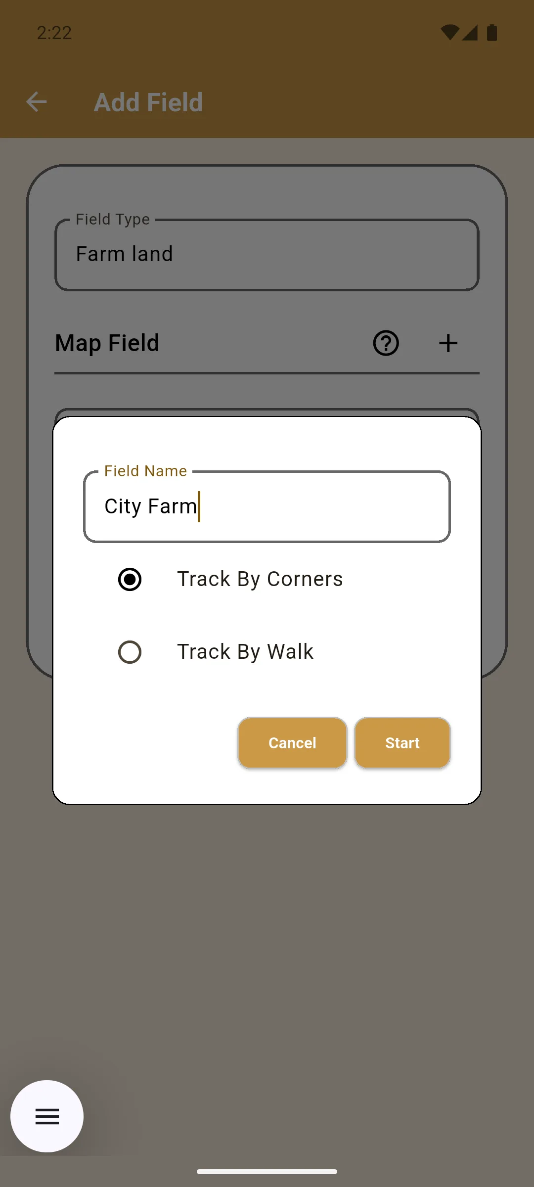 Map Field add-field dialog showing the Track-by-Corners and Track-by-Walk capture mode options